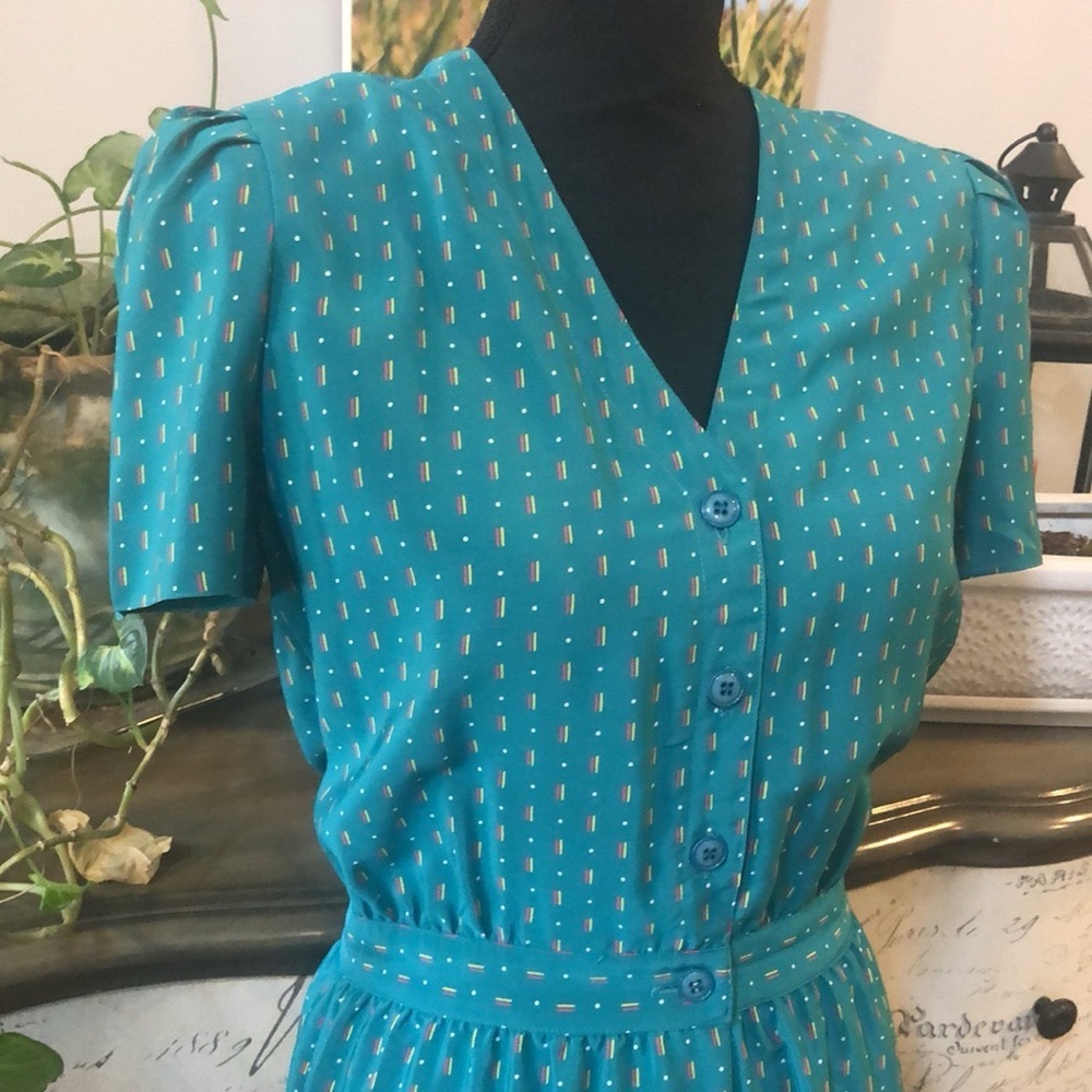 VINTAGE SHORT SLEEVE FIT AND FLARE DRESS GREEN SIZE 6 - Picture 5 of 12